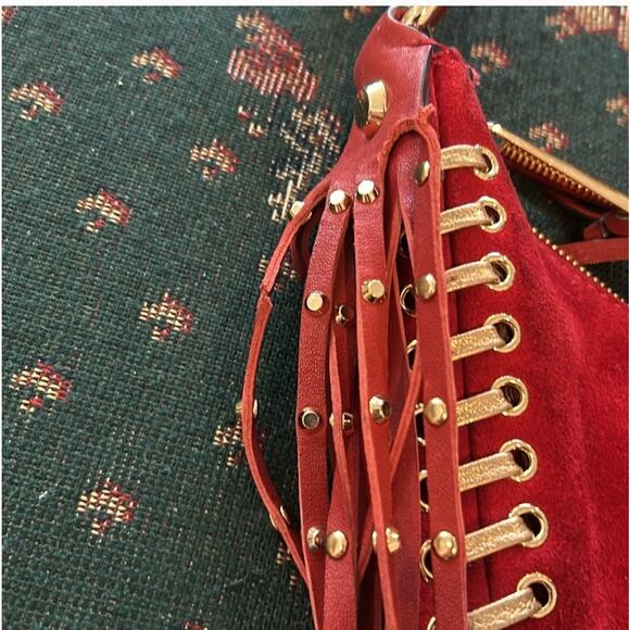 Michael Michael Kors Red and Gold Grommet Whipstitch Suede Fringe Rhea Crossbody - Picture 3 of 11